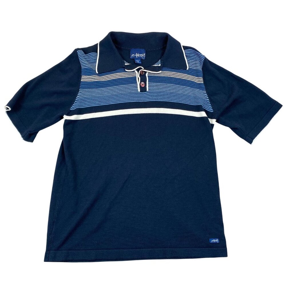 Billabong Mens Polo Shirt Medium Navy Blue Striped With Short Sleeves